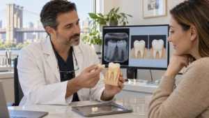 Dentist explains dental onlays versus crowns to a patient using a tooth model, porcelain restorations, and digital X-rays in a Brooklyn dental office.
