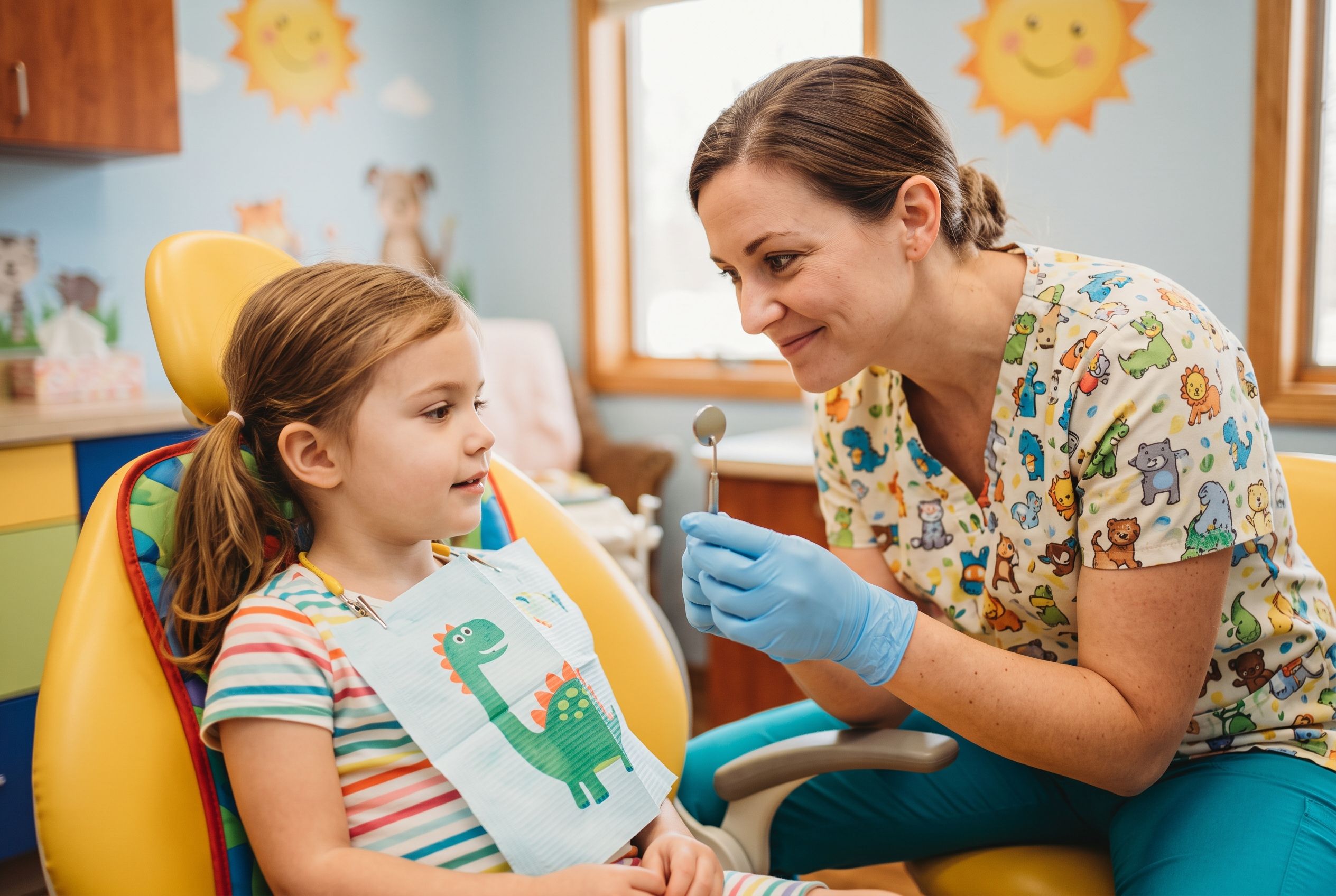 Friendly Dentist at Eye Level with Child