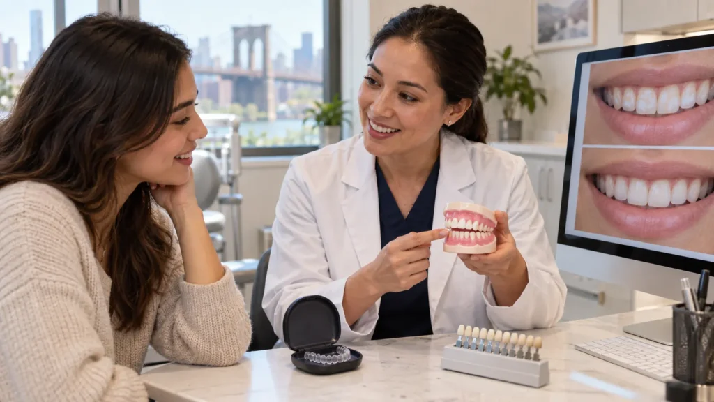 Dentist explains white spots on teeth after braces to a patient using a tooth model, clear retainer, enamel shade guide, and digital smile images.