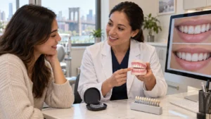 Dentist explains white spots on teeth after braces to a patient using a tooth model, clear retainer, enamel shade guide, and digital smile images.