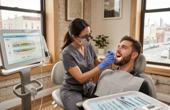 A professional female dentist in grey scrubs and magnification loupes examines a male patient’s teeth in a bright, modern Williamsburg dental office. A digital monitor in the foreground displays a periodontal chart, and large industrial windows show a Brooklyn street view in the background.