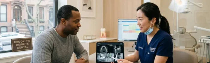female dentist in navy blue scrubs explaining a treatment plan to an attentive male patient in a modern Brooklyn dental office. The dentist is using a stylus to point at a digital X-ray displayed on a tablet. Through the window, classic Brooklyn brownstones are visible. The clinic features a clean, professional aesthetic with neutral tones and soft lighting, conveying a sense of trust and personalized care.